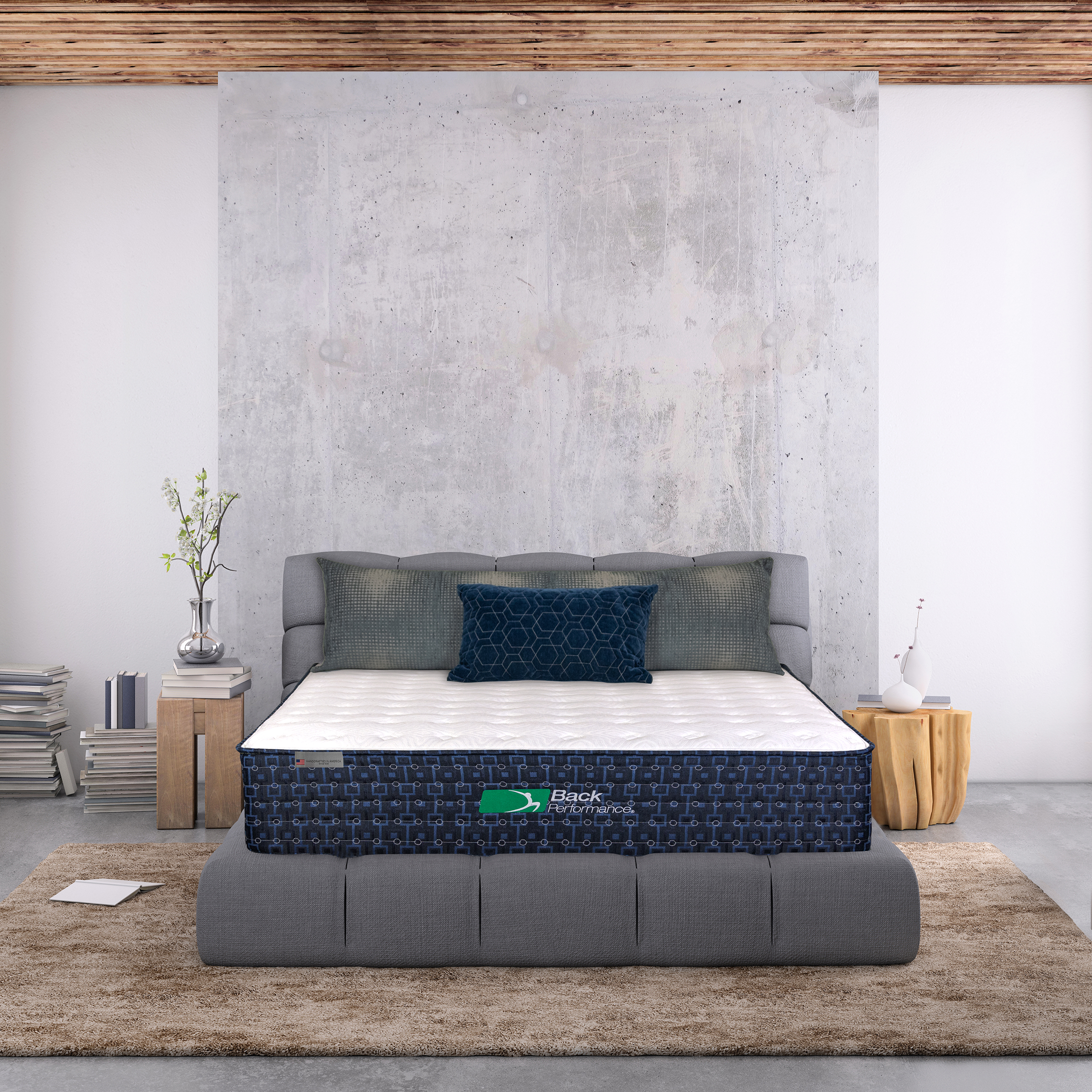 Modern bedroom interior, with bed, night tables, lamps, and many details around. Many books and decoration, wall is rich in texture. Copy space background template render