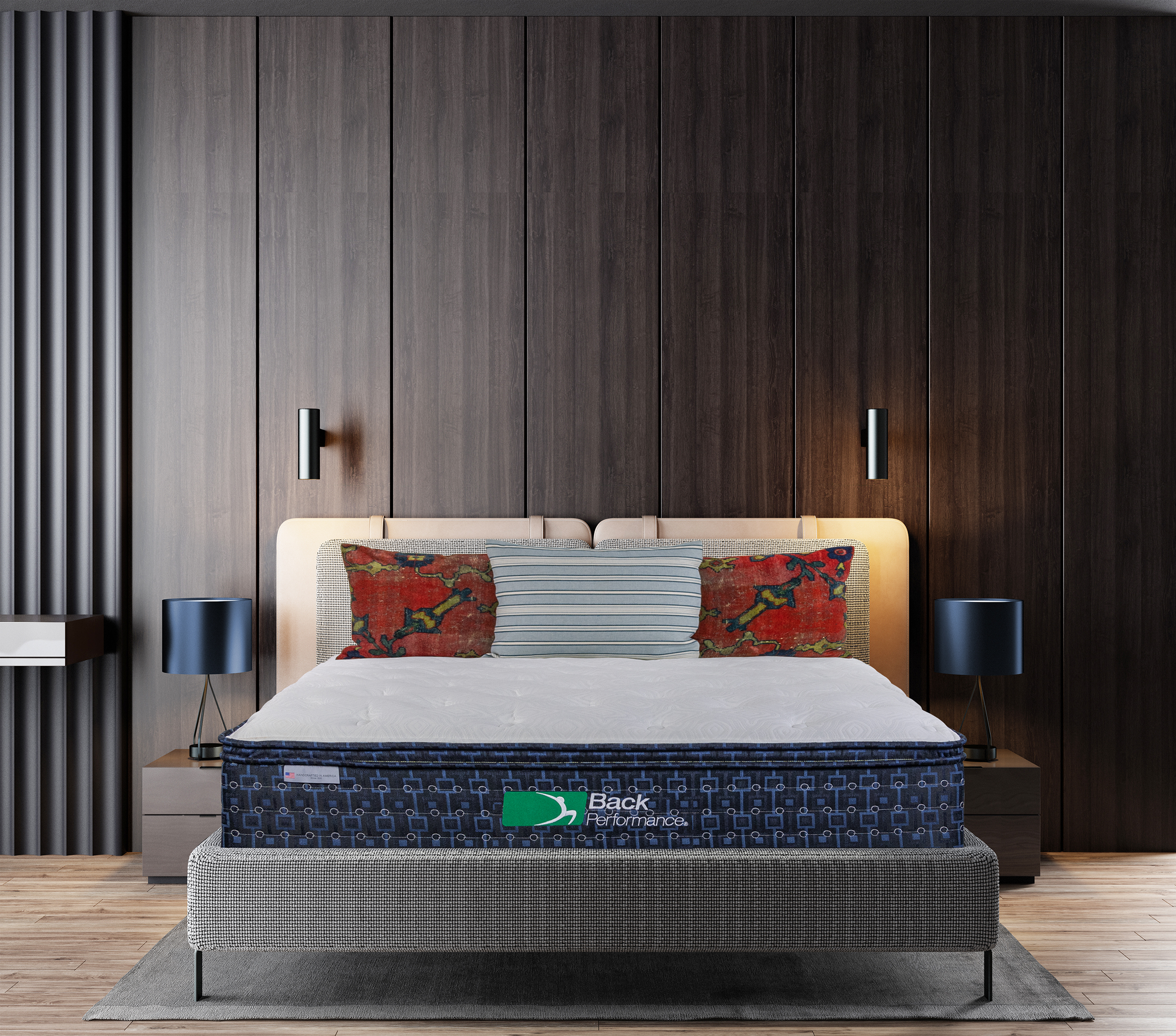 Black modern and retro-style bedroom with black and dark materials. 3d rendering.