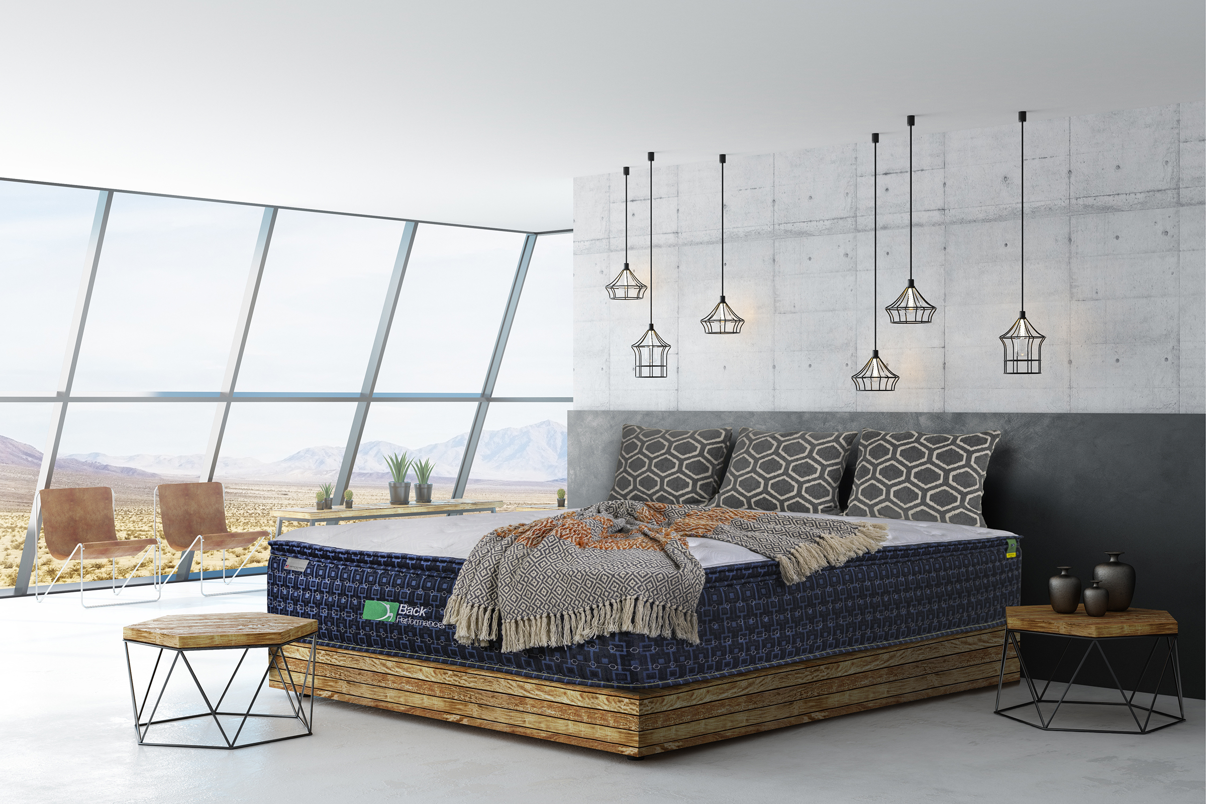 Modern loft spacious room with concrete floor and walls, ceiling-to-floor window and mountain view. 3D render